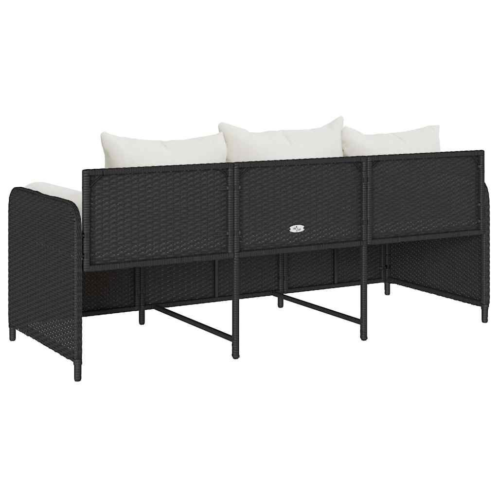 vidaXL Garden Sofa with Cushions 3-Seater Black Poly Rattan