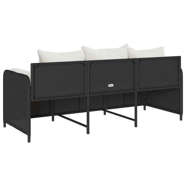 vidaXL Garden Sofa with Cushions 3-Seater Black Poly Rattan