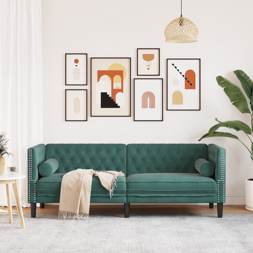 vidaXL Chesterfield Sofa with Bolsters 3-Seater Dark Green Velvet