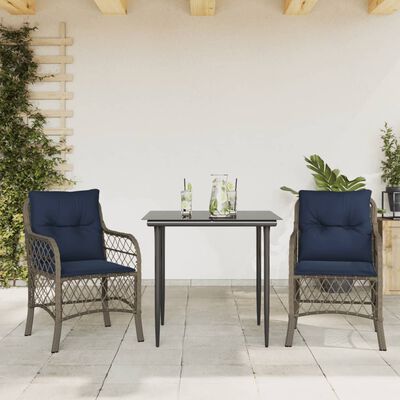 vidaXL 3 Piece Bistro Set with Cushions Grey Poly Rattan