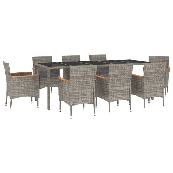 vidaXL 9 Piece Garden Dining Set with Cushions Grey Poly Rattan
