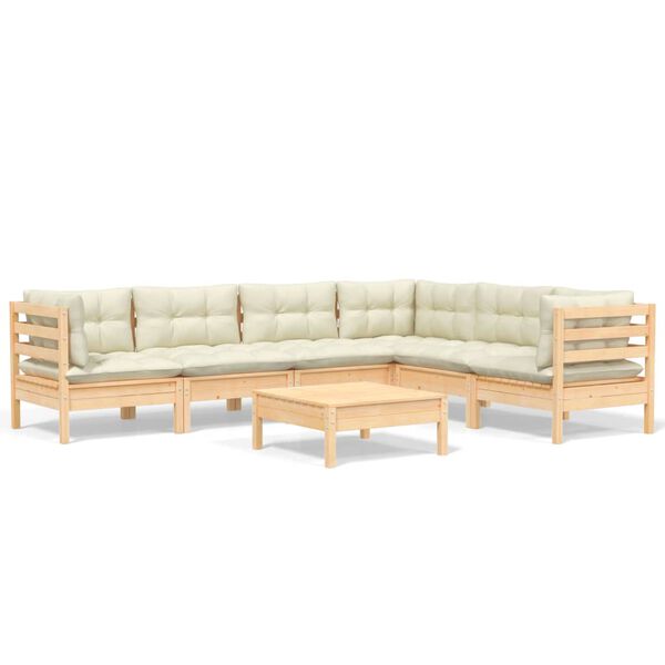 vidaXL 7 Piece Garden Lounge Set with Cream Cushions Solid Pinewood