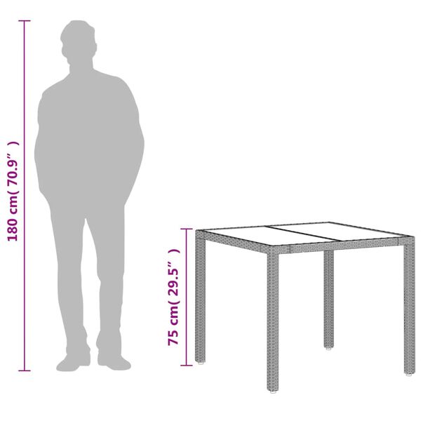 vidaXL Garden Table with Glass Top Light Grey 90x90x75 cm Poly Rattan