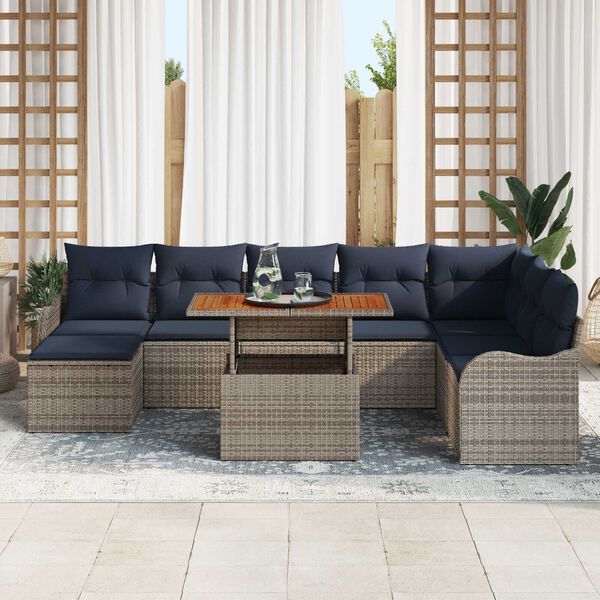 vidaXL 9 Piece Garden Sofa Set with Cushions Grey Poly Rattan Acacia