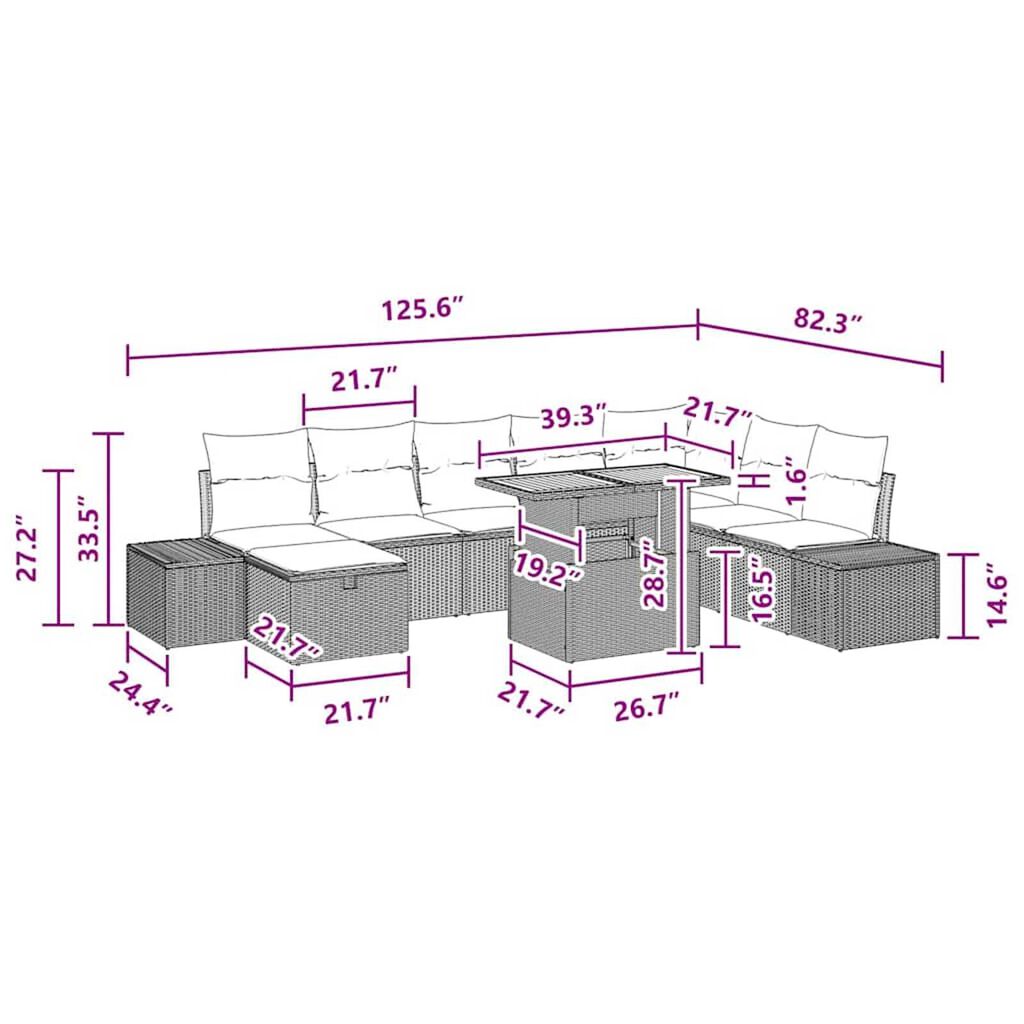 vidaXL Garden Sofa Set Height-Adjustable 9 pcs Black Poly Rattan
