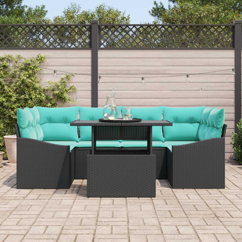 vidaXL 7 Piece Garden Sofa Set with Cushions Black Poly Rattan