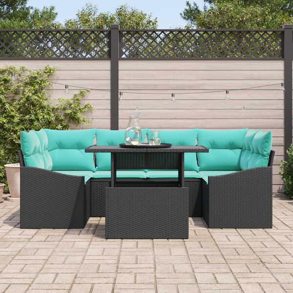 vidaXL 7 Piece Garden Sofa Set with Cushions Black Poly Rattan