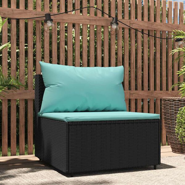 vidaXL Garden Middle Sofa with Cushions Black Poly Rattan