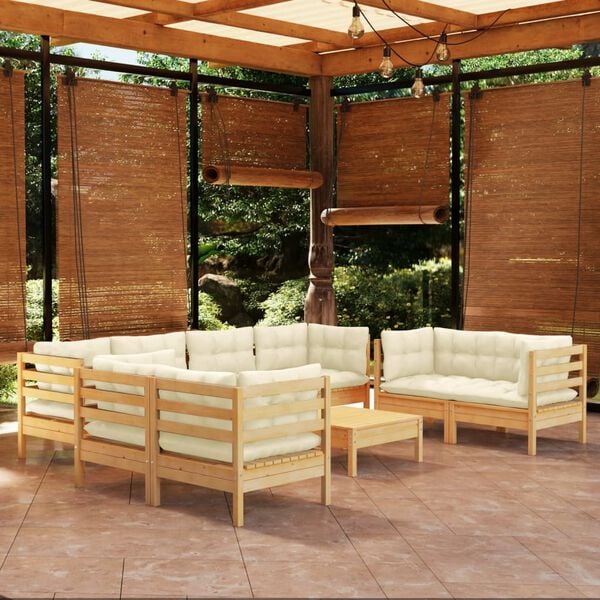 vidaXL 9 Piece Garden Lounge Set with Cream Cushions Solid Pinewood