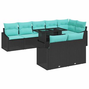 vidaXL Garden Sofa Set with Cushion 9 pcs Black and Blue Poly Rattan