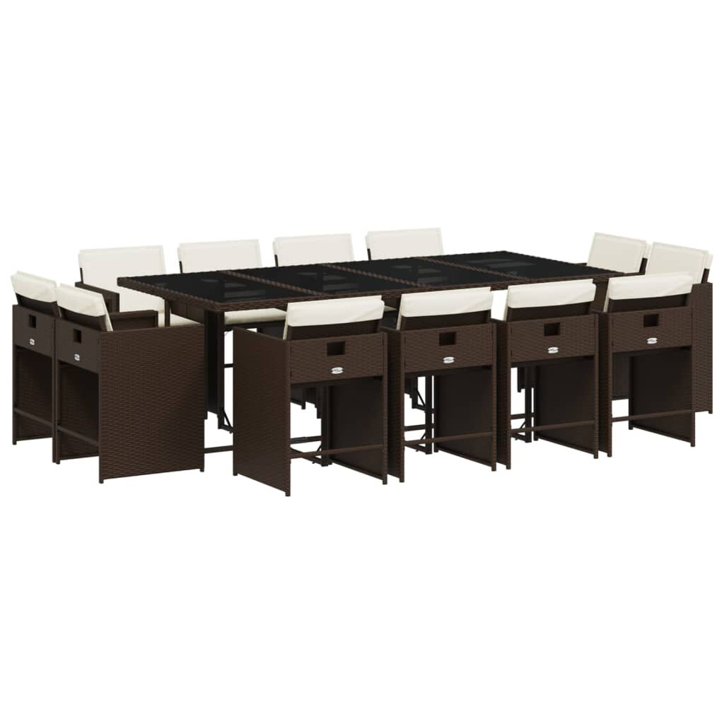 vidaXL 13 Piece Garden Dining Set with Cushions Brown Poly Rattan