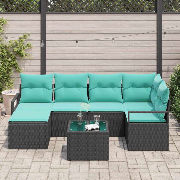 vidaXL Sofa Set with Cushion 7 pcs Black and Turquoise Poly Rattan