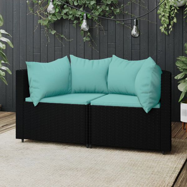 vidaXL Garden Corner Sofas with Cushions 2 pcs Black Poly Rattan