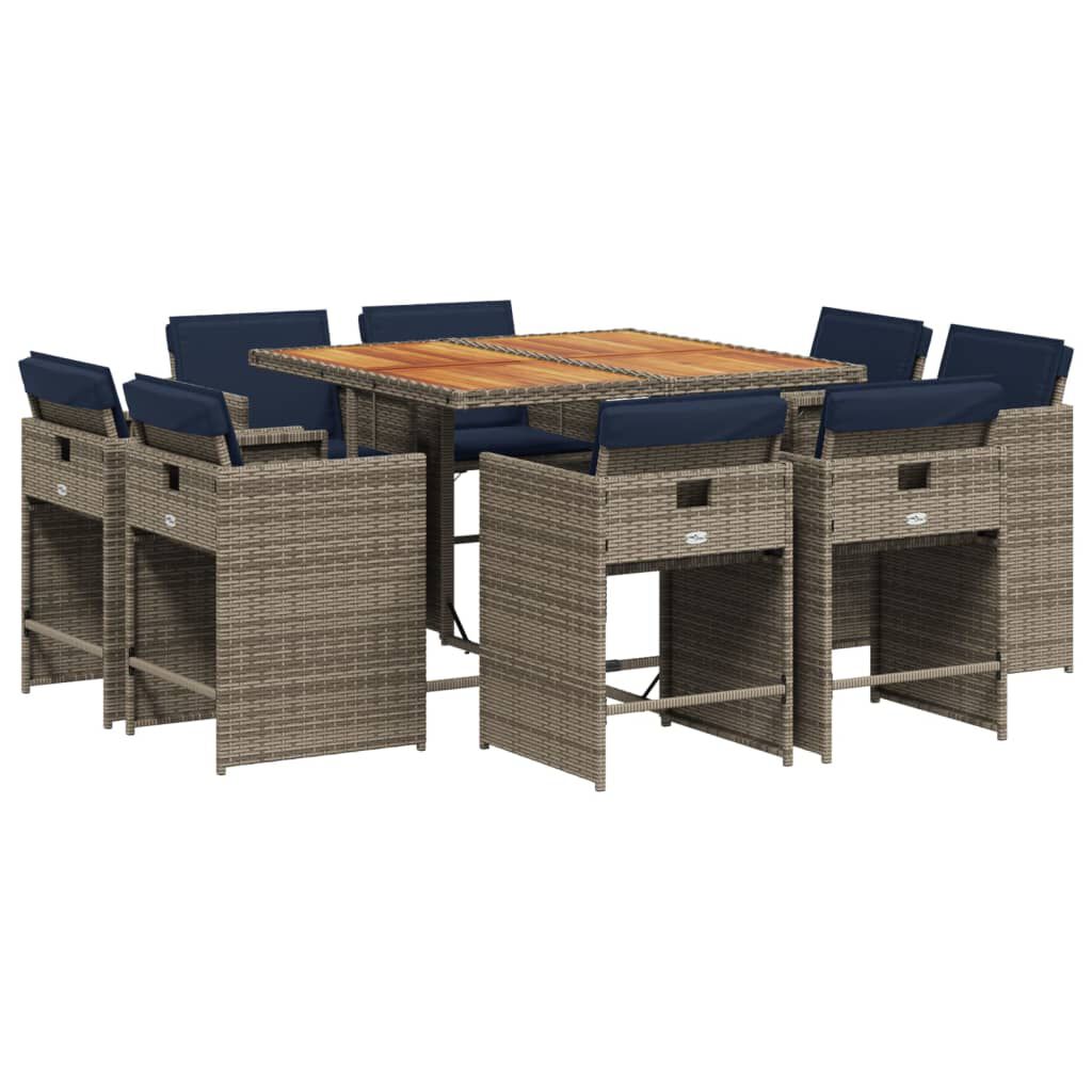 vidaXL 9 Piece Garden Dining Set with Cushions Grey Poly Rattan