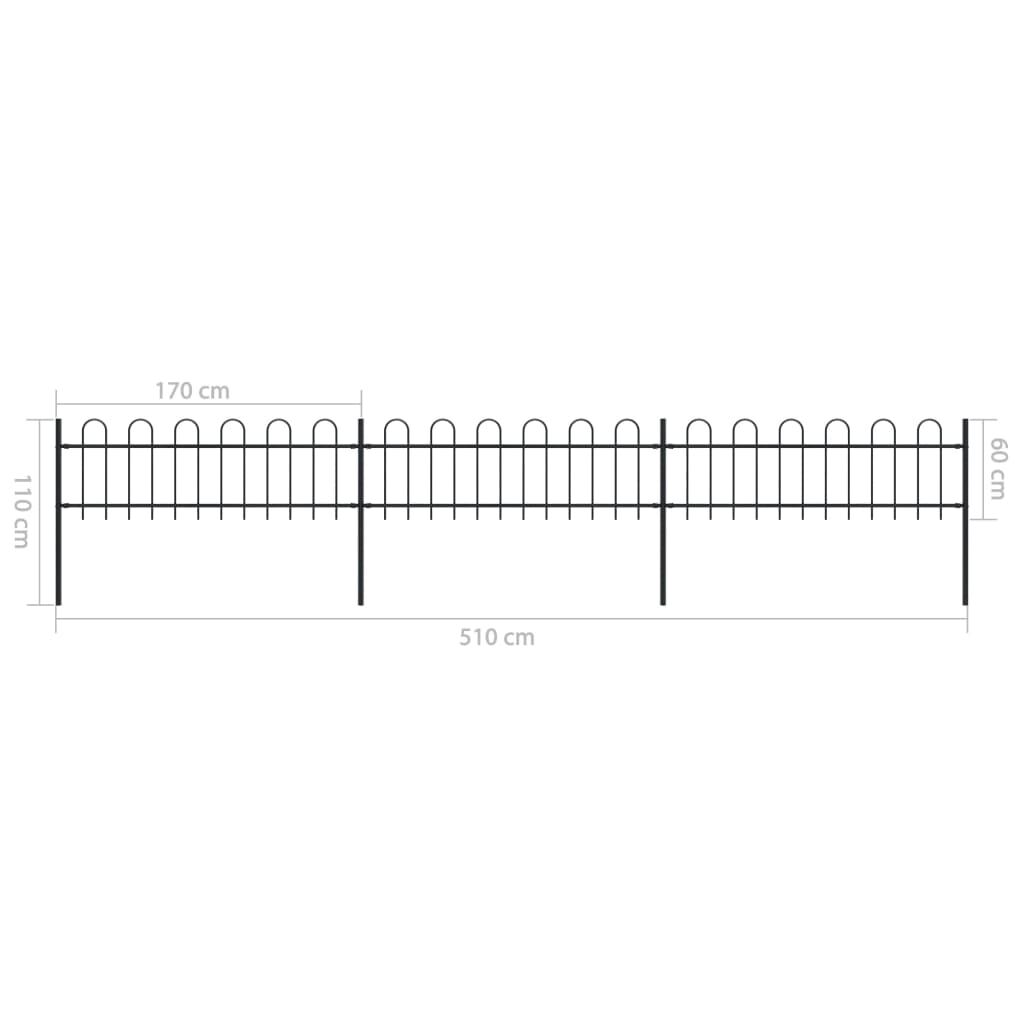 vidaXL Garden Fence with Hoop Top Steel 5.1x0.6 m Black