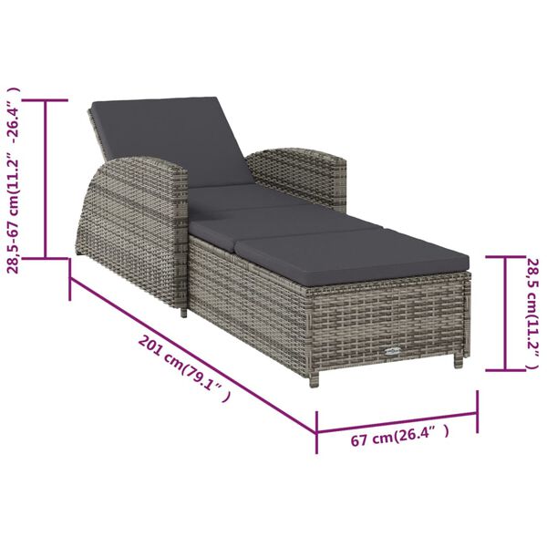 vidaXL Sun Lounger with Dark Grey Cushion Poly Rattan Grey