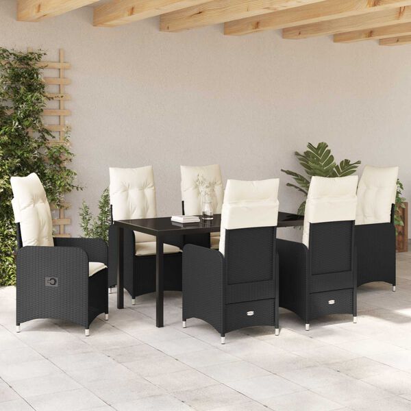 vidaXL Garden Dining Set with Cushion 7 pcs Black Poly Rattan