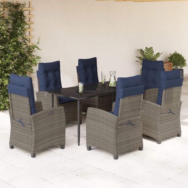 vidaXL 7 Piece Garden Dining Set with Cushions Grey Poly Rattan