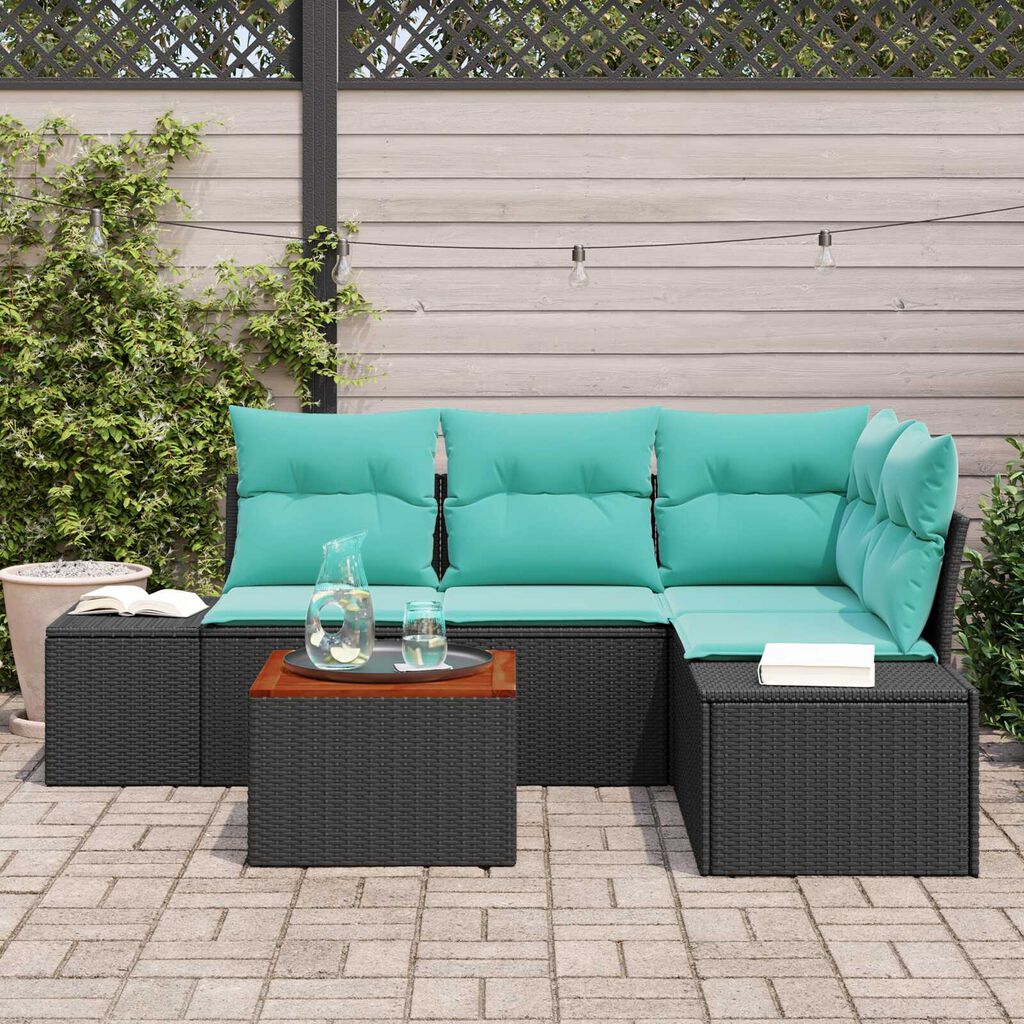 vidaXL 5 Piece Garden Sofa Set with Cushions Black Poly Rattan Acacia