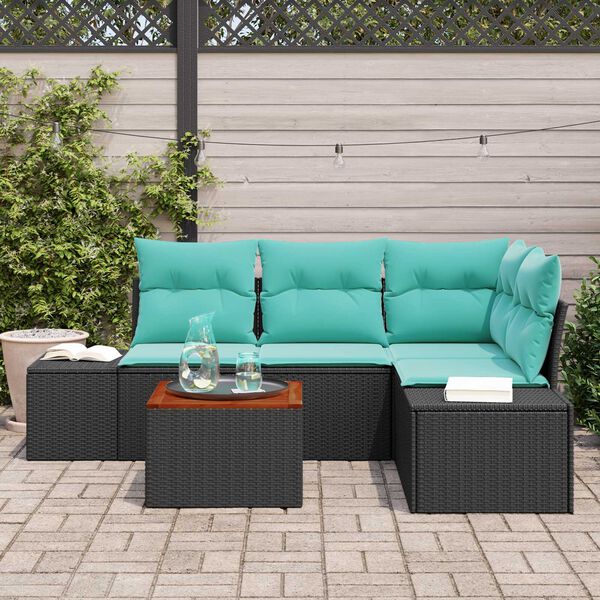 vidaXL 5 Piece Garden Sofa Set with Cushions Black Poly Rattan Acacia