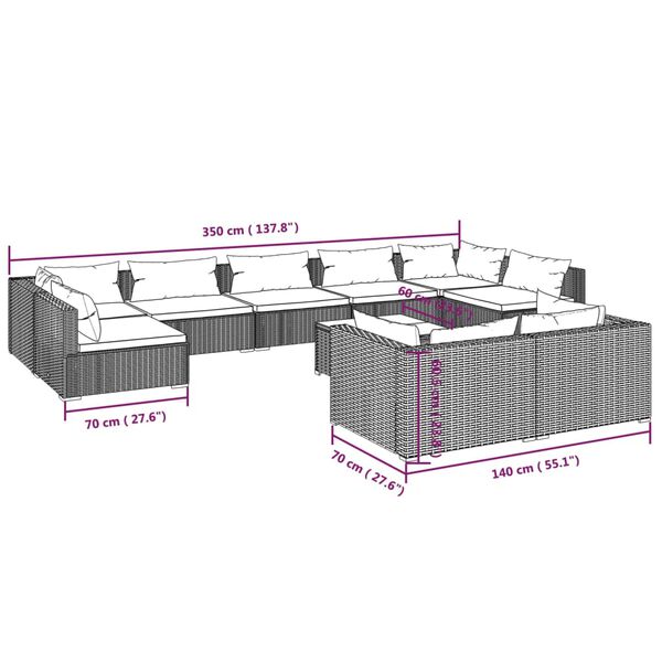 vidaXL 10 Piece Garden Lounge Set with Cushions Brown Poly Rattan