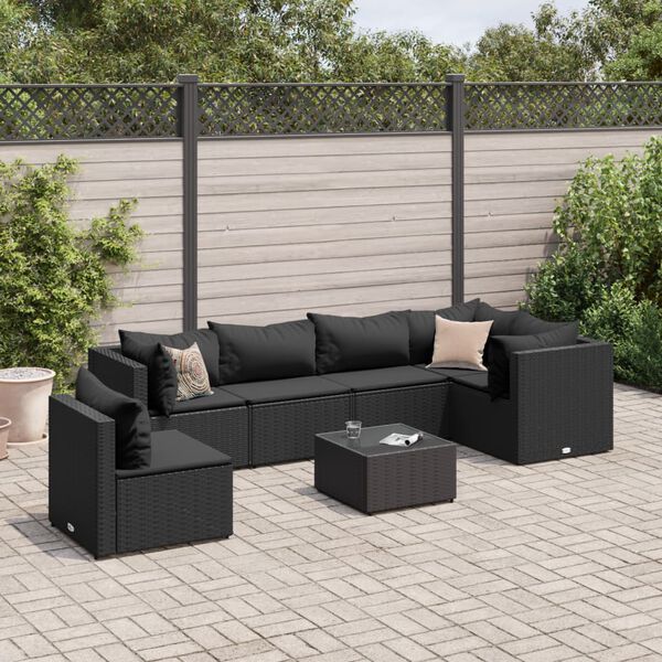 vidaXL 7 Piece Garden Lounge Set with Cushions Black Poly Rattan