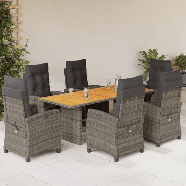 vidaXL 7 Piece Garden Dining Set with Cushions Grey Poly Rattan