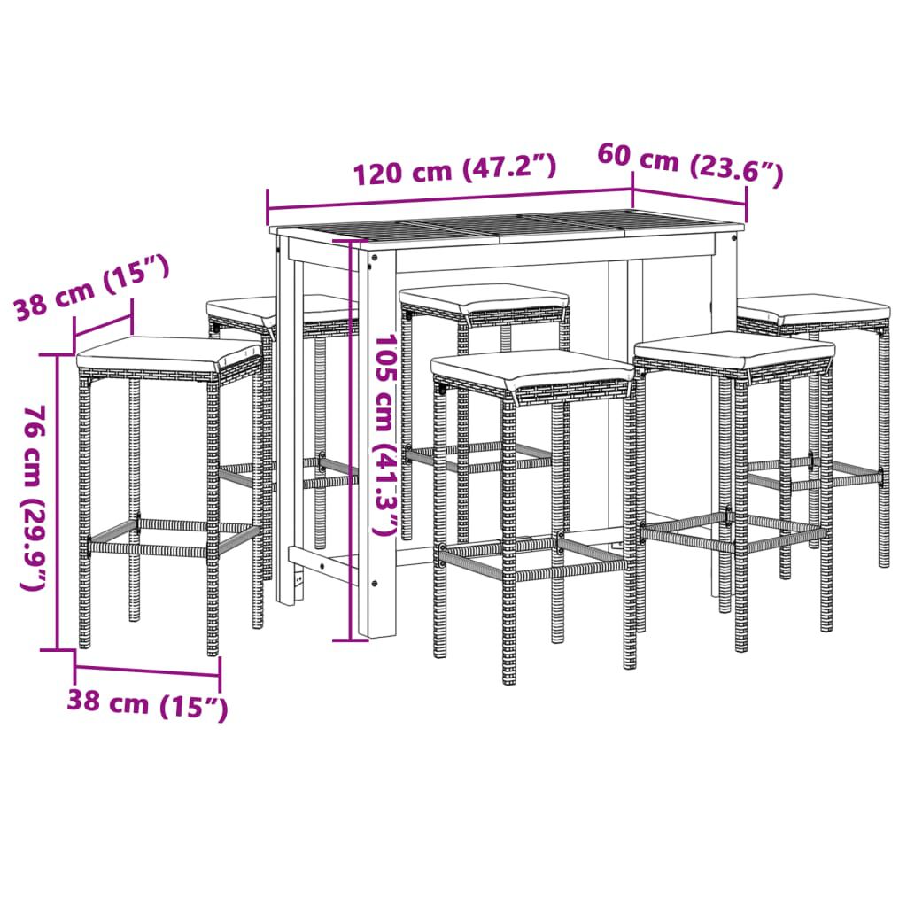 vidaXL 7 Piece Garden Bar Set Black Solid Wood Acacia and Poly Rattan