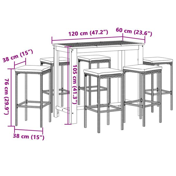 vidaXL 7 Piece Garden Bar Set Black Solid Wood Acacia and Poly Rattan