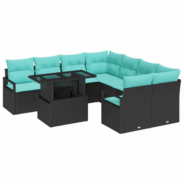 vidaXL Garden Sofa Set with Storage 9 pcs Black and Blue Poly Rattan