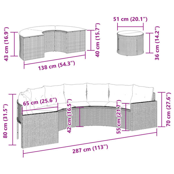 vidaXL 3 Piece Garden Sofa Set Half-Round Grey Poly Rattan