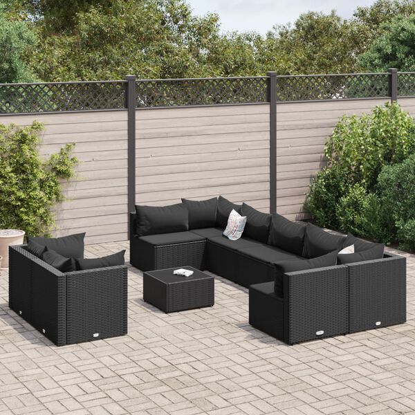 vidaXL 9 Piece Garden Sofa Set with Cushions Black Poly Rattan