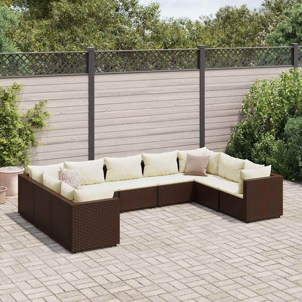 vidaXL 9 Piece Garden Lounge Set with Cushions Brown Poly Rattan