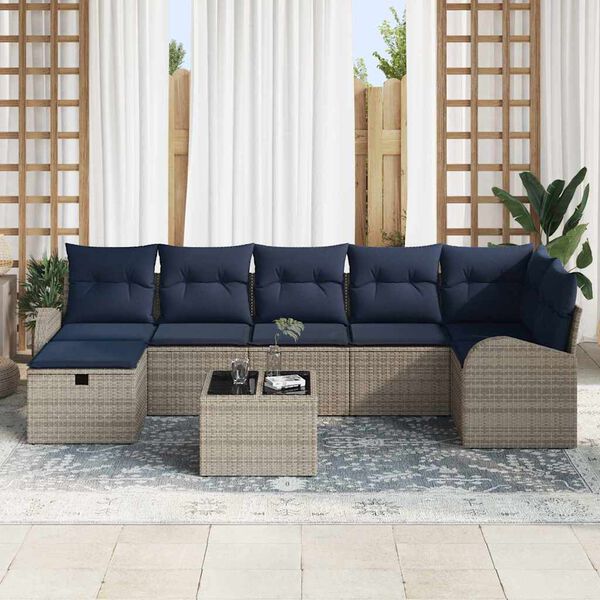 vidaXL Sofa Set with Cushion Manual 8 pcs Grey and Navy Poly Rattan