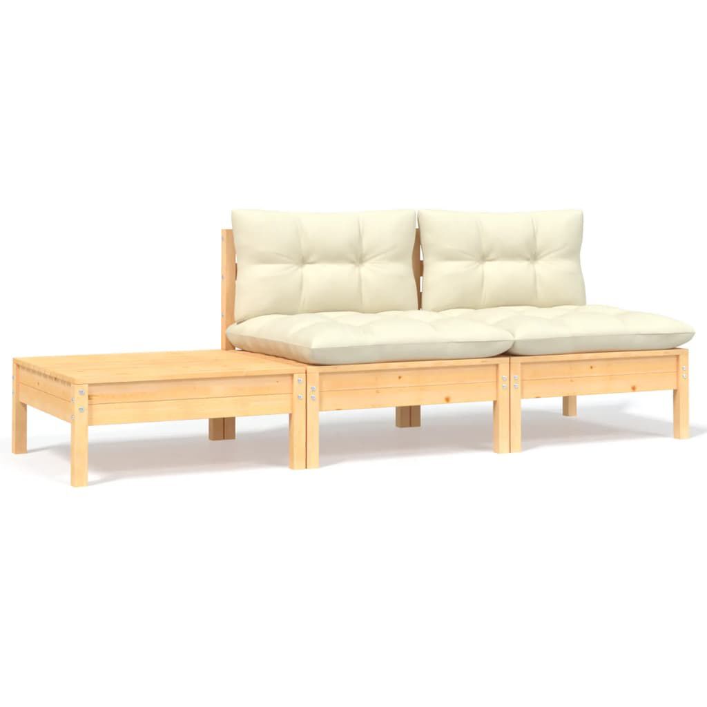 vidaXL 3 Piece Garden Lounge Set with Cream Cushions Solid Pinewood
