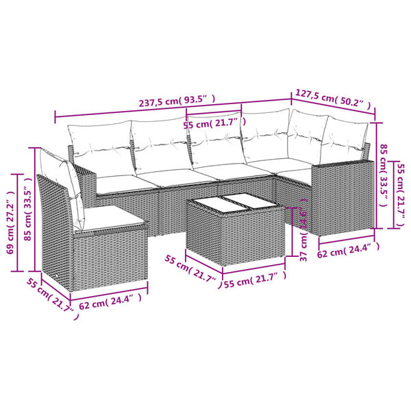 vidaXL 7 Piece Garden Sofa Set with Cushions Brown Poly Rattan