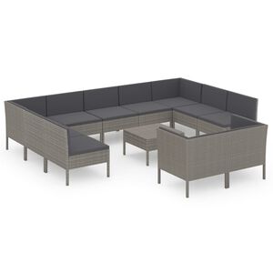 vidaXL 12 Piece Garden Lounge Set with Cushions Poly Rattan Grey