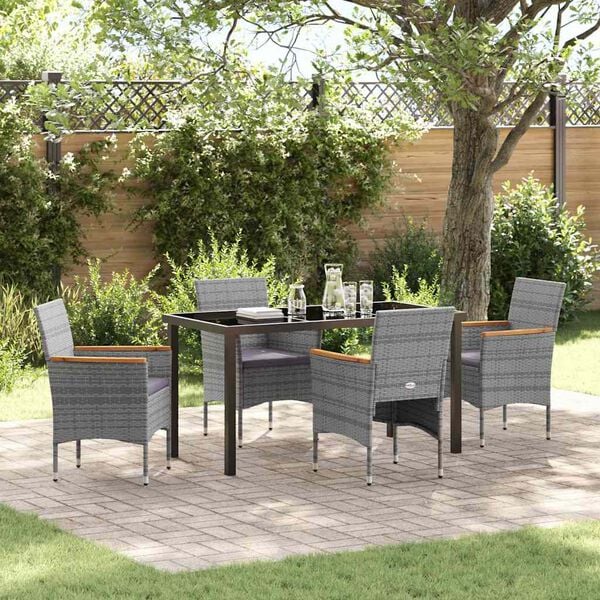 vidaXL Garden Dining Set with Cushion 5 pcs Grey Poly Rattan