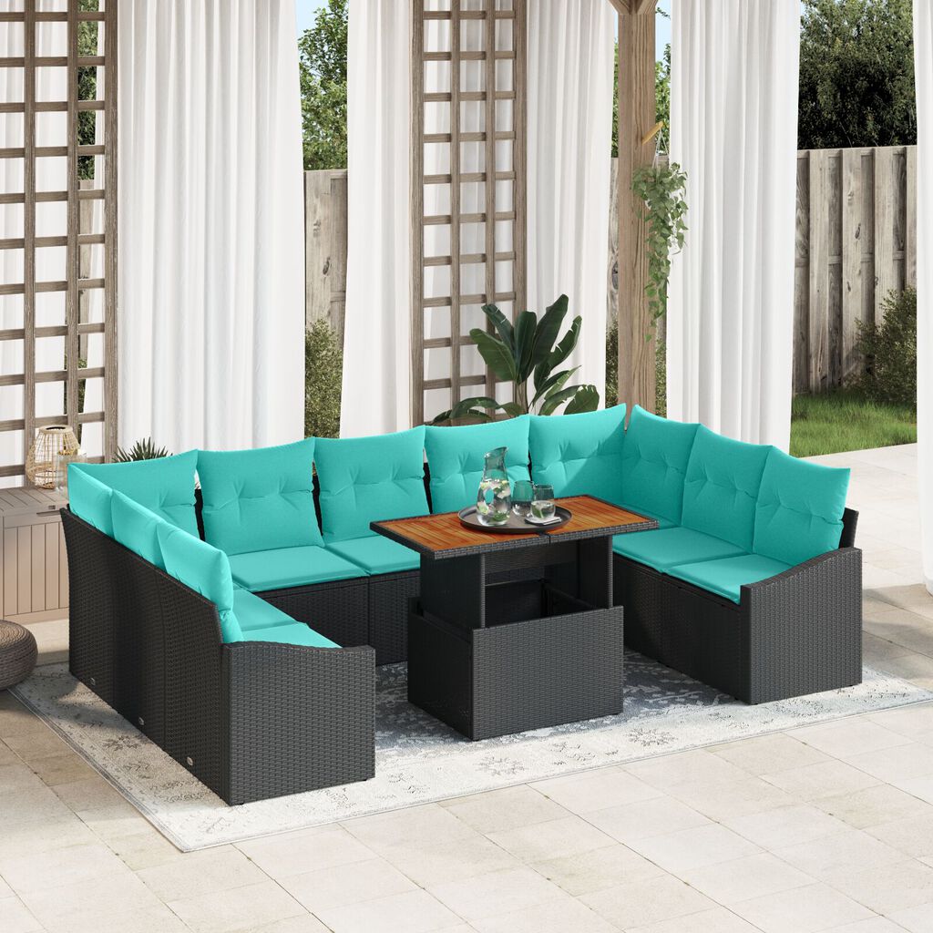 vidaXL 10 Piece Garden Sofa Set with Cushions Black Poly Rattan Acacia