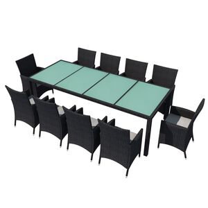 vidaXL 11 Piece Outdoor Dining Set with Cushions Poly Rattan Black