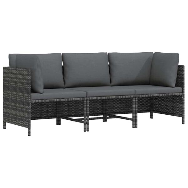 vidaXL 3-Seater Garden Sofa with Cushions Grey Poly Rattan