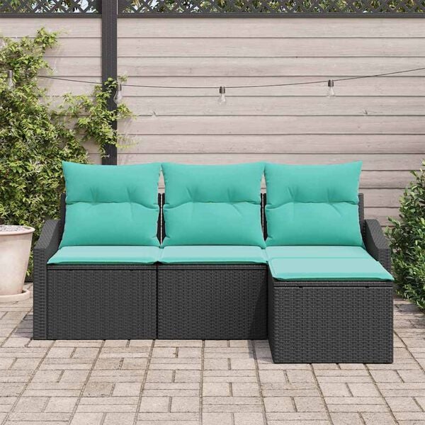 vidaXL Sofa Set with Cushion 4 pcs Black Poly Rattan