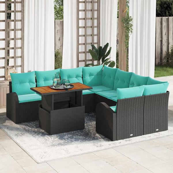 vidaXL Garden Sofa Set with Cushion with Storage 9 pcs Black and blue
