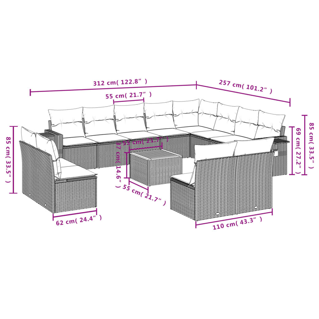 vidaXL 13 Piece Garden Sofa Set with Cushions Black Poly Rattan