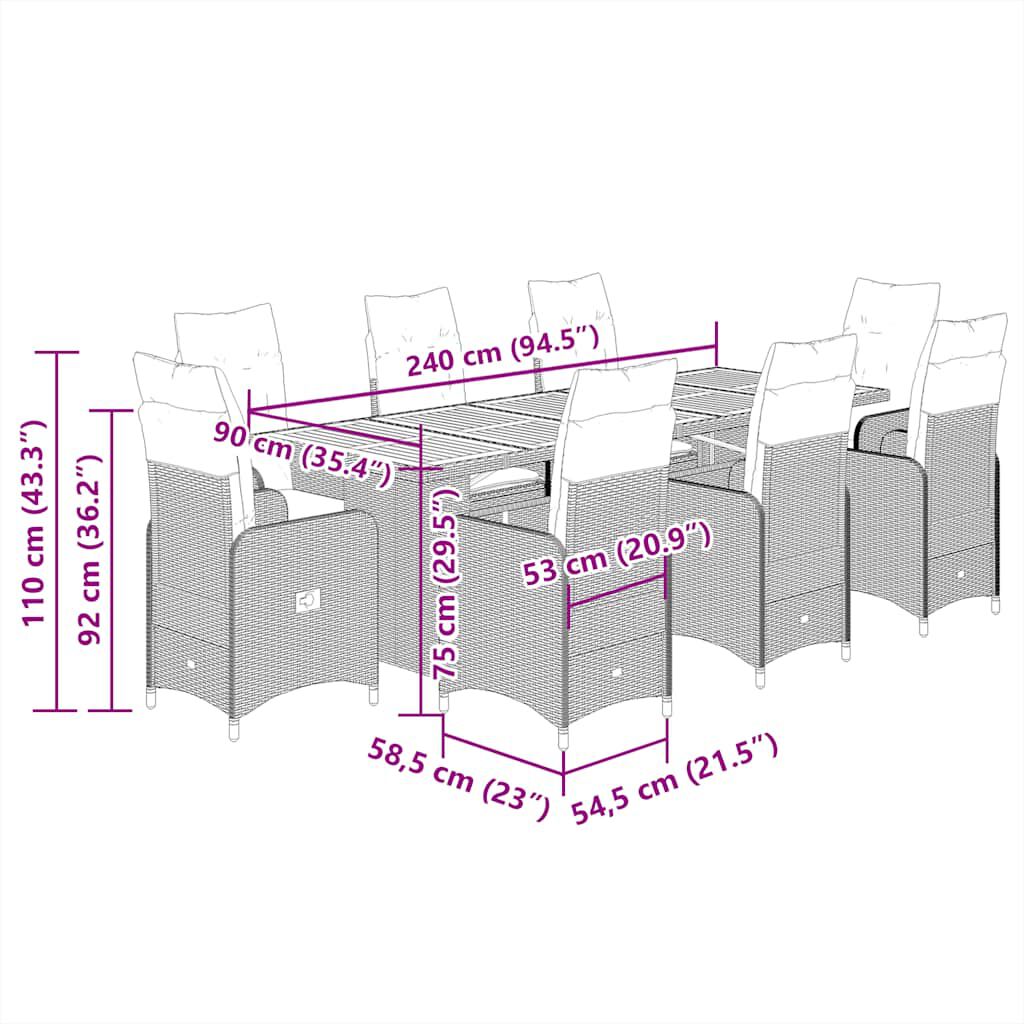 vidaXL 11 Piece Garden Bistro Set with Cushions Grey Poly Rattan