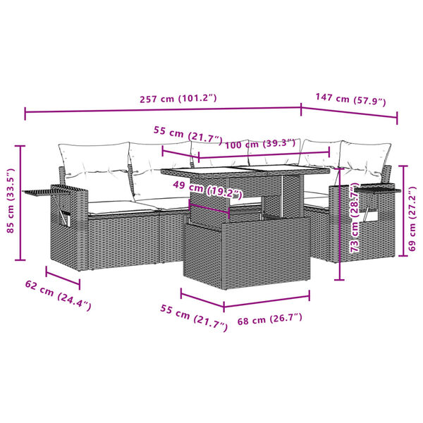 vidaXL 6 Piece Garden Sofa Set with Cushions Grey Poly Rattan