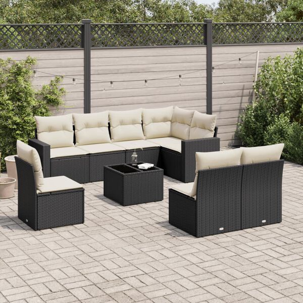 vidaXL 9 Piece Garden Sofa Set with Cushions Black Poly Rattan