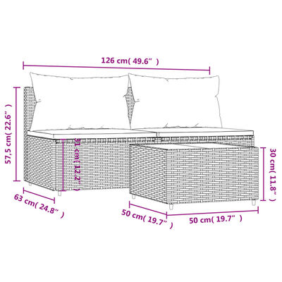 vidaXL 3 Piece Garden Lounge Set with Cushions Brown Poly Rattan