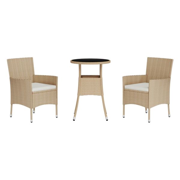 vidaXL 3 Piece Garden Bistro Set with Cushions Beige Poly Rattan