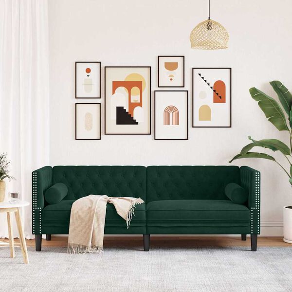 vidaXL Chesterfield Sofa with Bolsters 3-Seater Dark Green Velvet